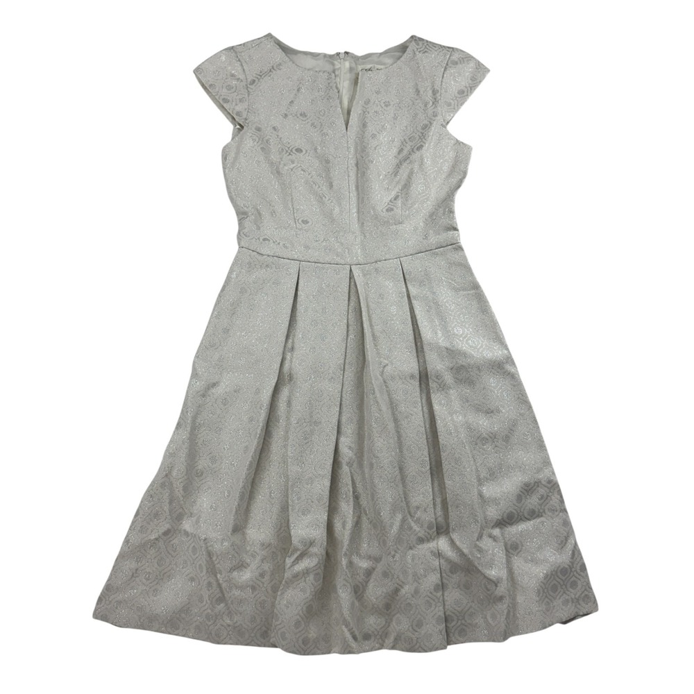 Eliza J Floral Fit & Flare Pleated Cap Sleeve Dress Ivory Silver V-Neck Sz 4